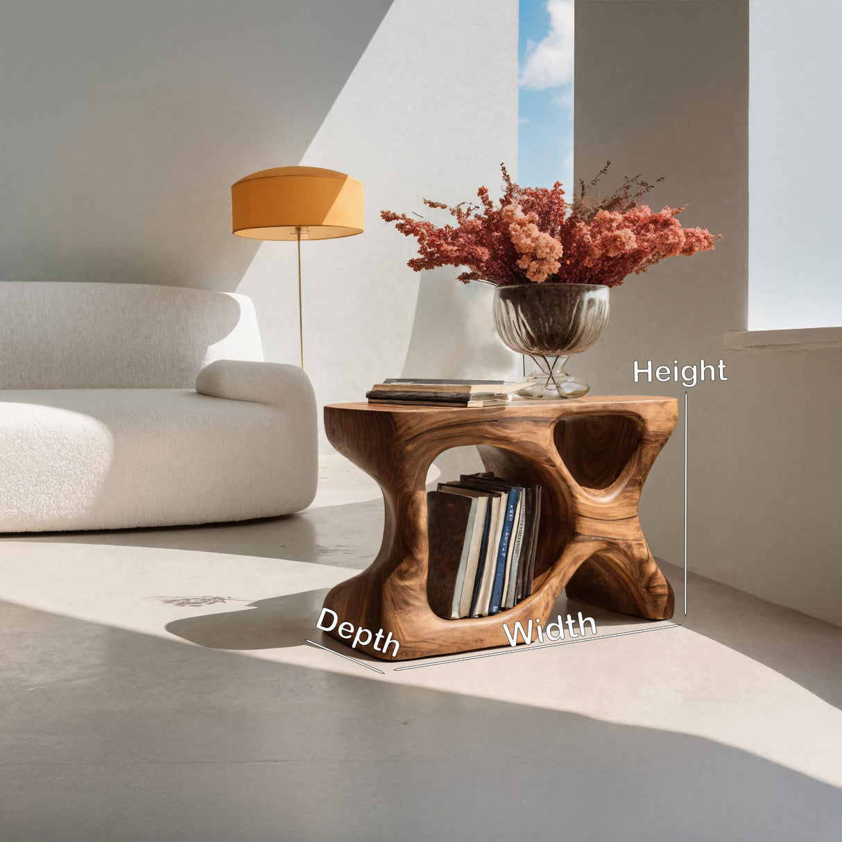 Minimalist Sculptural Wood Side Table With Organic Shape And Storage For Modern Living Room