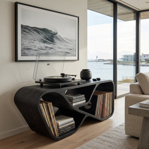 Organic Record Player Cabinet With Curved Shelving For Living Room