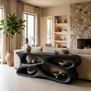 Handcrafted Console Table With Carved Storage Shelves For Contemporary Interior