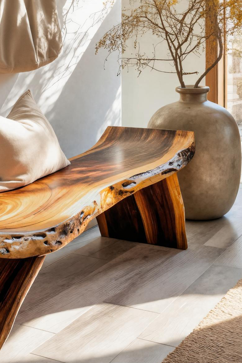 Rustic Live Edge Bench With Organic Curves For Entryway