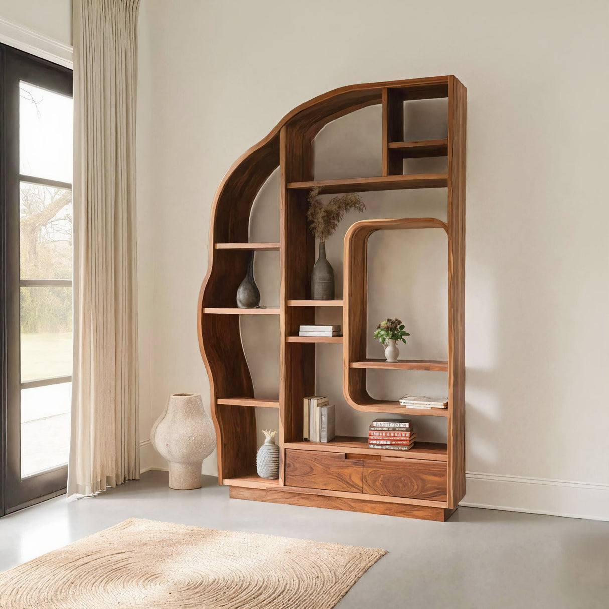 Minimalist Organic Bookshelf With Drawers For Home Decor