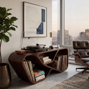 Organic Record Player Cabinet With Curved Shelving For Living Room