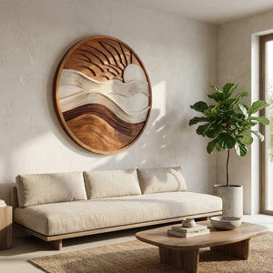 Minimalist Sun And Wave Wooden Wall Sculpture For Living room