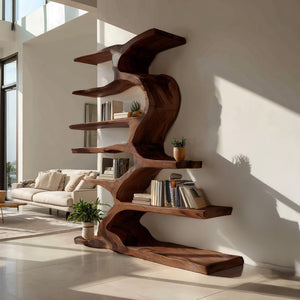 Organic Sculptural Wooden Bookshelf With Tiers For Living Room