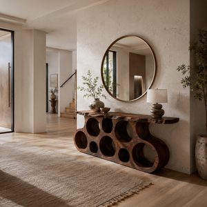Wooden Console Table With Round Cutout Base For Living Decor