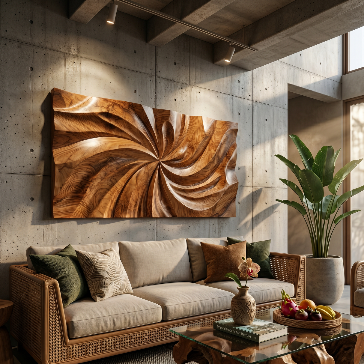 Modern Wood Wall Art With Swirl Relief For Sunroom