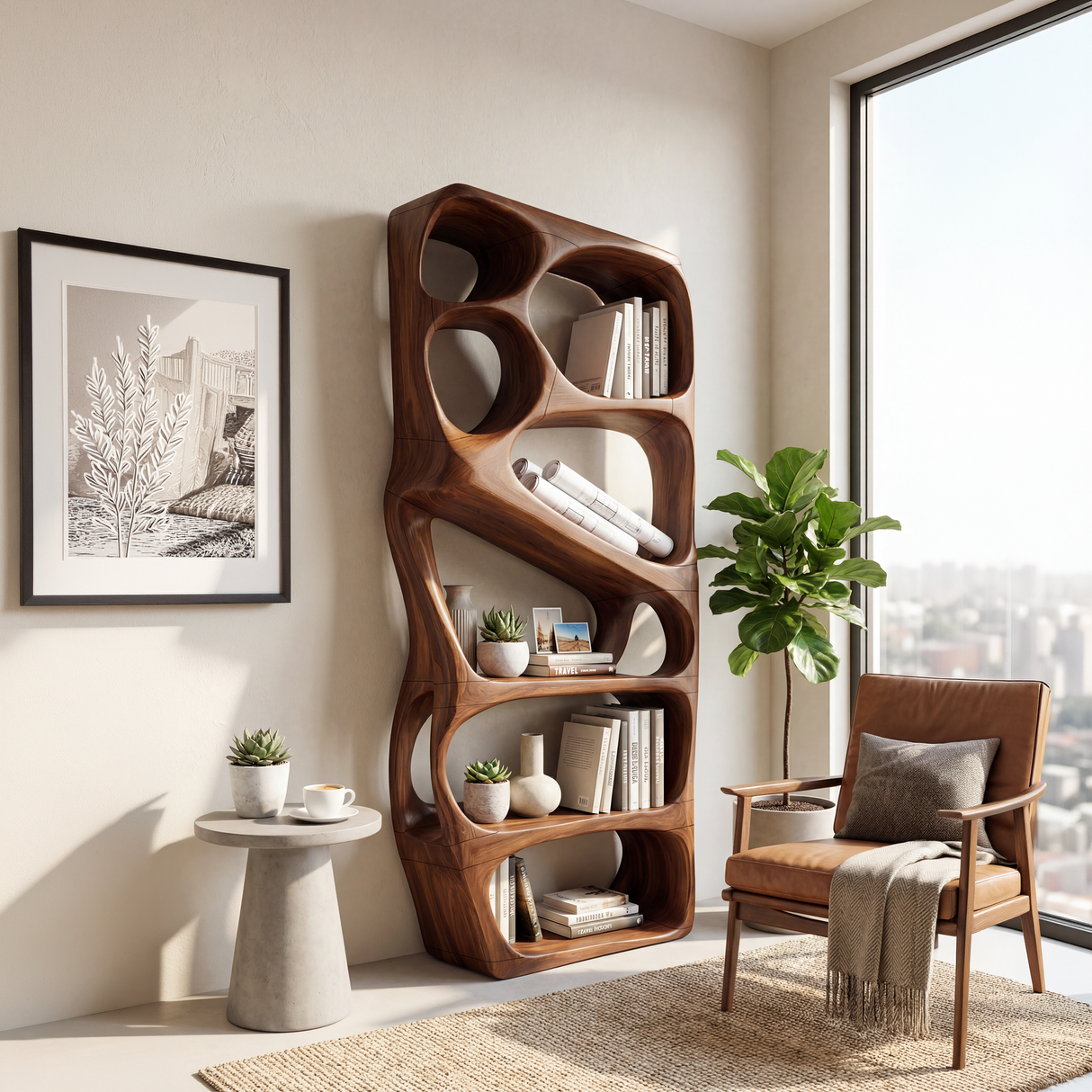 Mid Century Artistic Bookcase Storage Organizer For Study Room