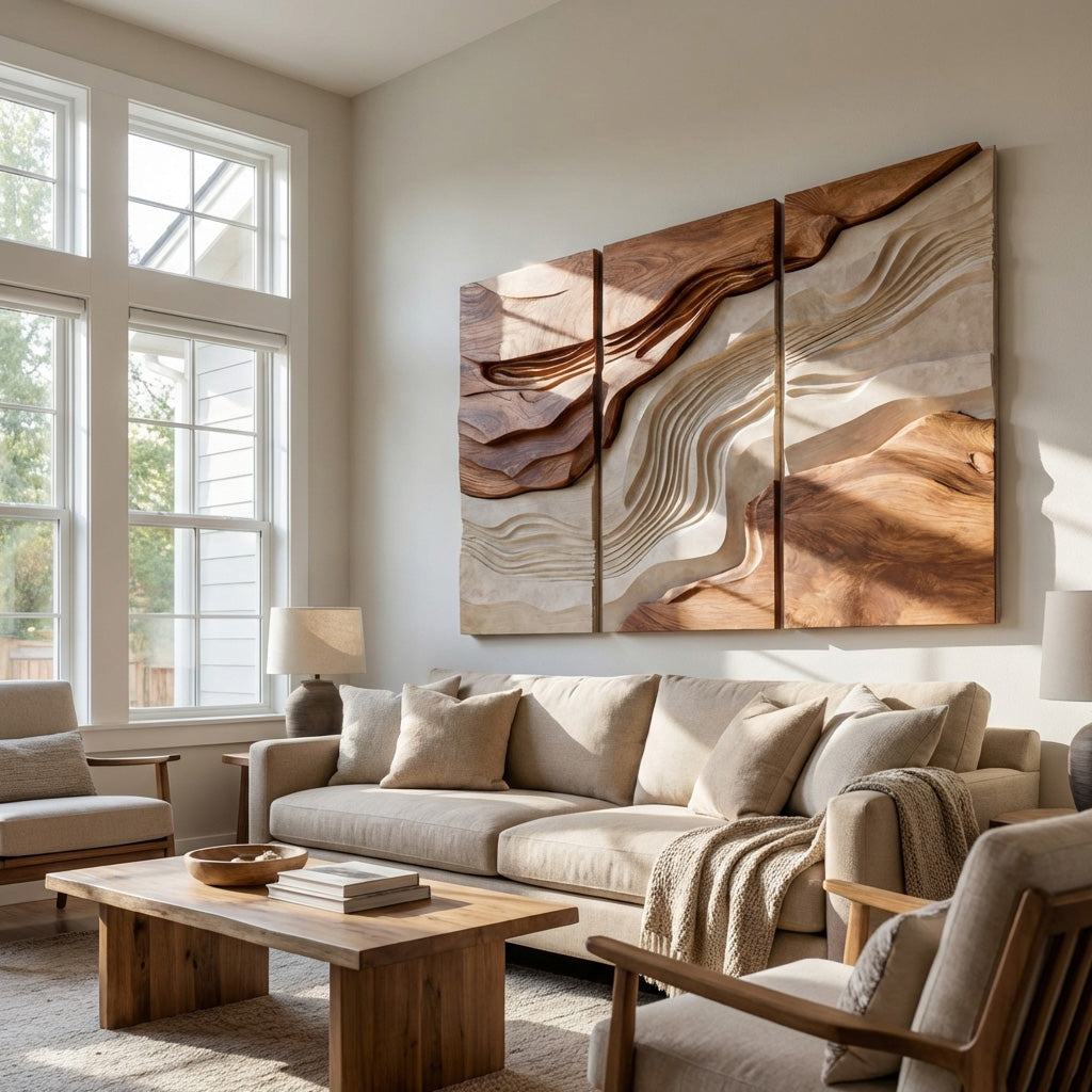 Large Triptych Wooden Wave Wall Art For Living Room