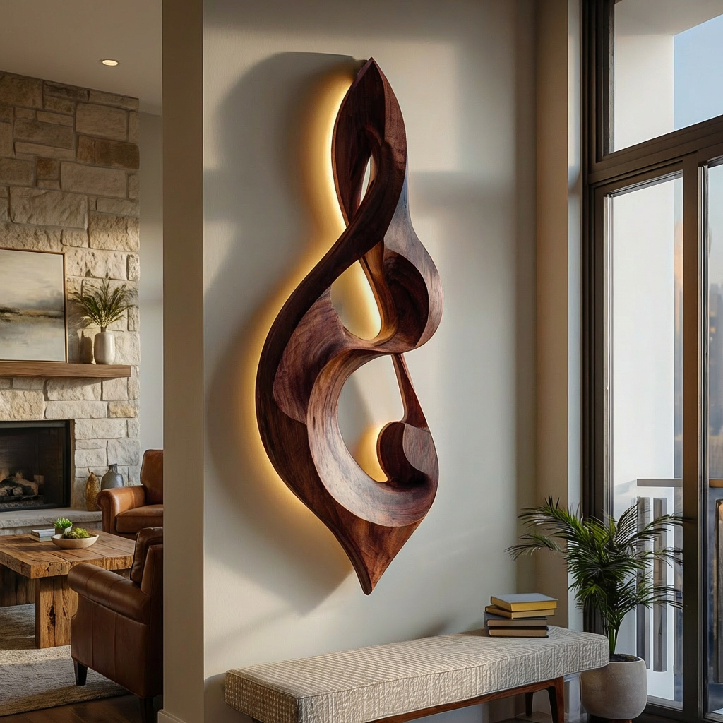 Modern Wood Wall Art Musical Note Form For Living Room