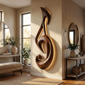 Artistic Wood Wall Art With Carving Musical Notes For Bedroom