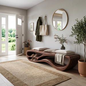 Sculptural Natural Wood Bench With Integrated Shelving For Hallway