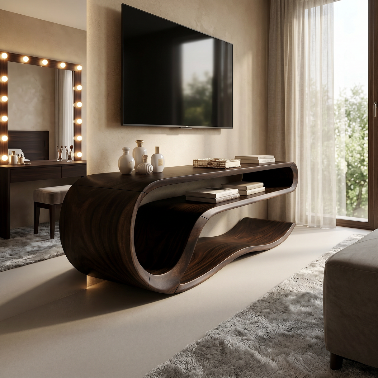 Organic Curved Media Console For Lake House Living Room