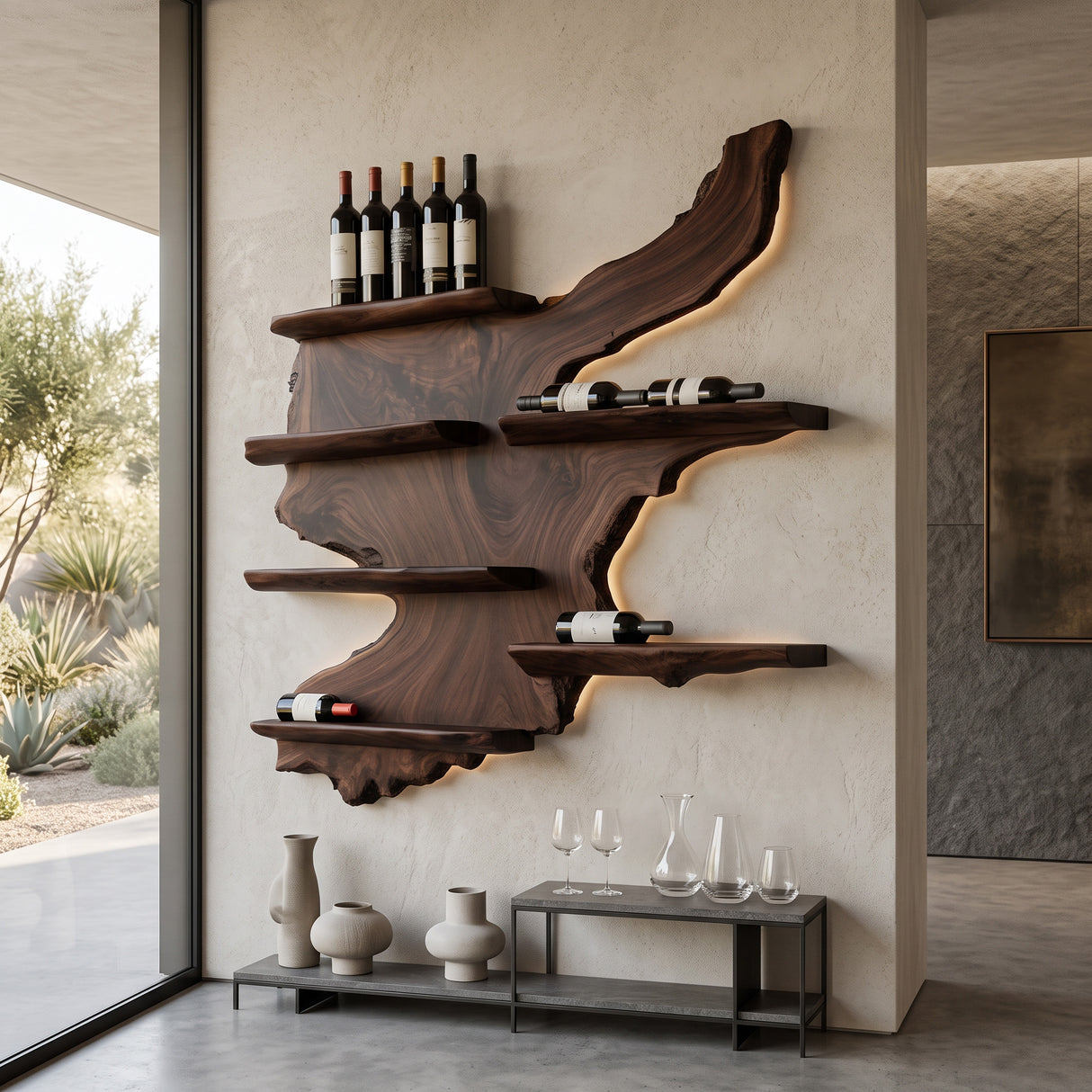 Rustic Live Edge Wine Rack Shelf With LED For Bar