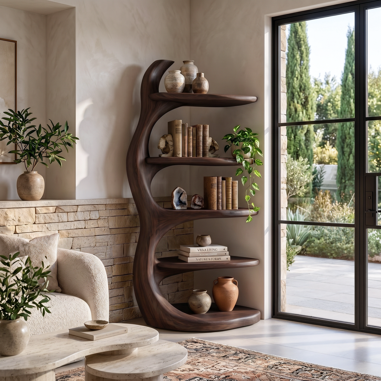 Modern Wooden Bookshelf Biomorphic For Luxury Living Room