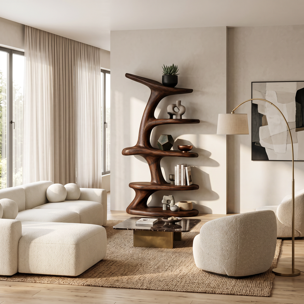 Modern Asymmetrical Sculptural Bookcase For Contemporary Living Room