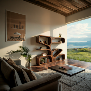 Organic Wooden Bookshelf With Sculpture Form For Home