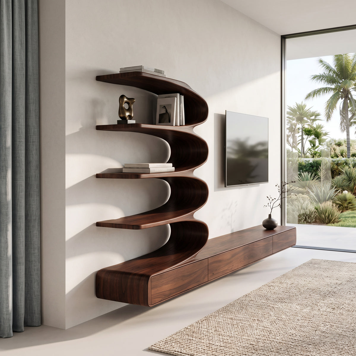Minimalist Curved TV Console With Drawers For Living Design