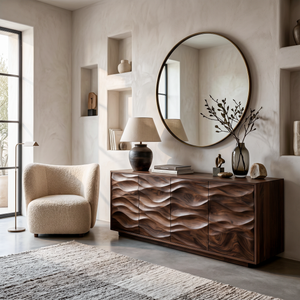 Minimalist Wooden Wave Carved Sideboard For Home