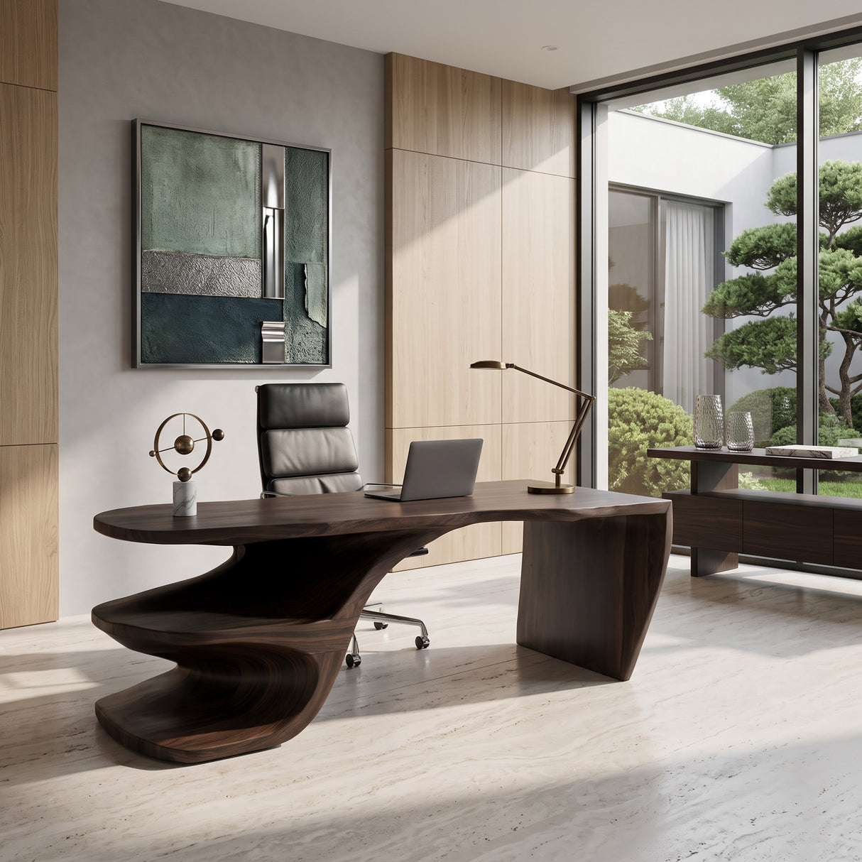 Sculptural Desk With Built-in Shelf For Home Office