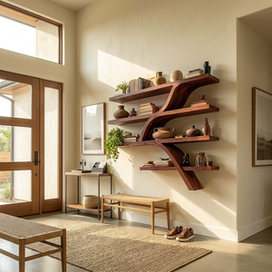 Handcrafted Wooden Wall Bookshelf With Organic Shape For Home