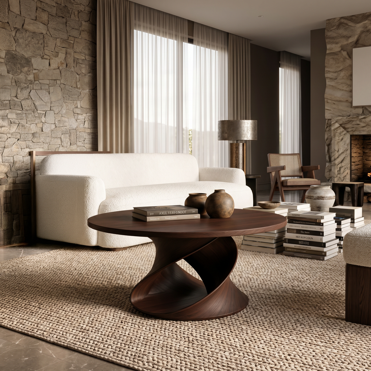 Round Coffee Table With Spiral Base For Contemporary Interior
