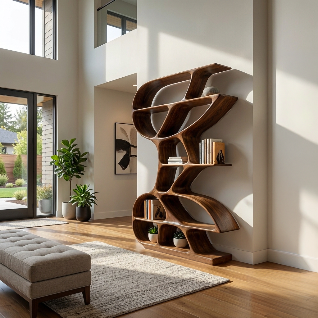 Wooden Bookshelf Unique Sculptural Design For Modern Living Room