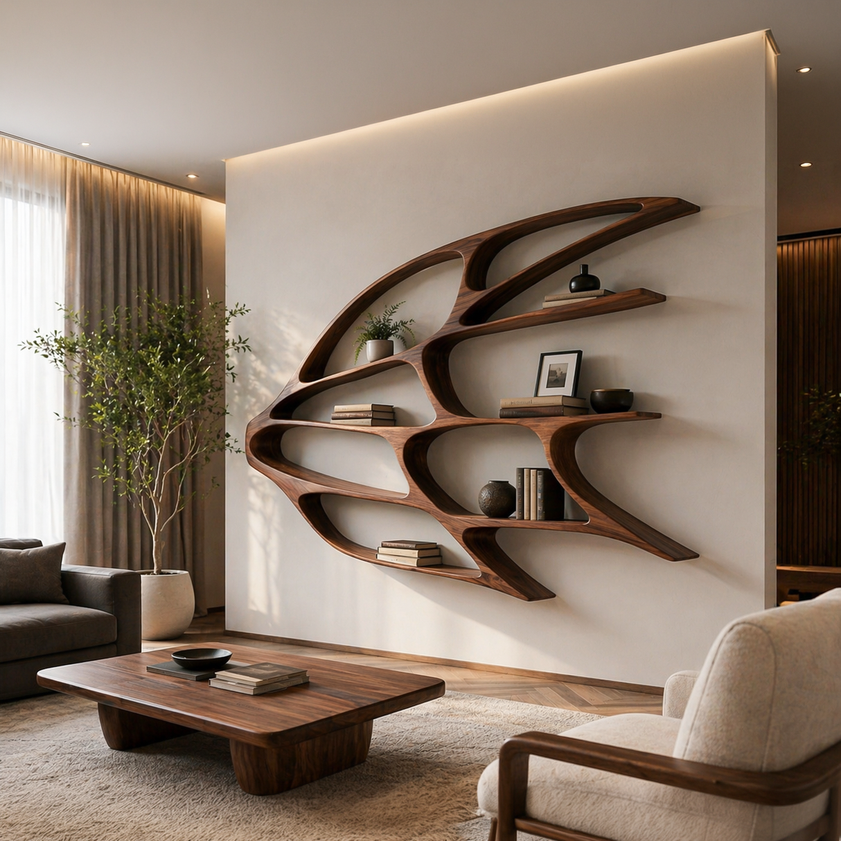 Organic Wooden Wall Mounted Bookshelf For Home Living