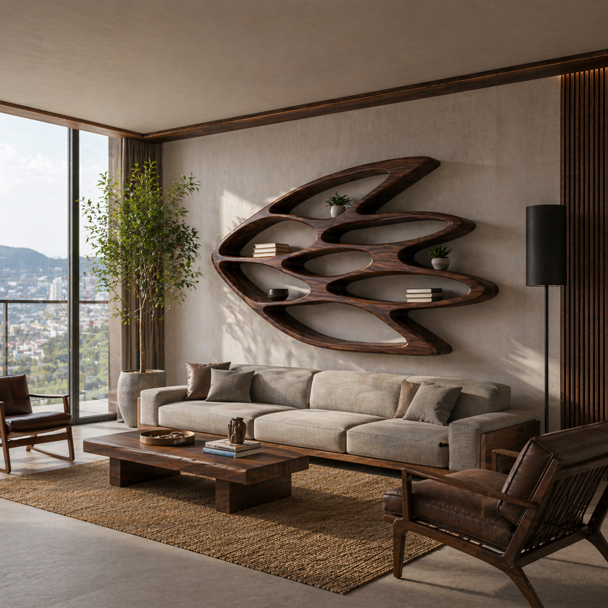 Wooden Wall Bookshelf With Unique Shape For Living Room Wall