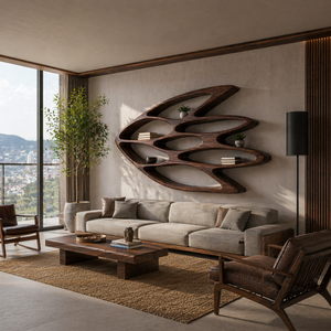 Wooden Wall Bookshelf With Unique Shape For Living Room Wall