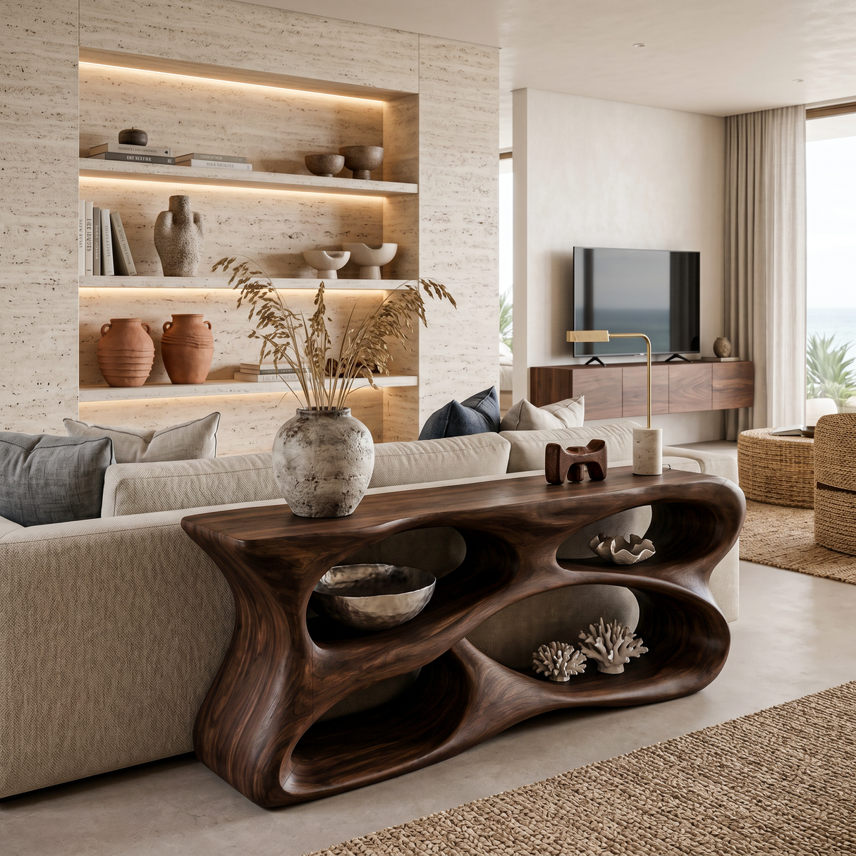 Handcrafted Console Table With Carved Storage Shelves For Contemporary Interior