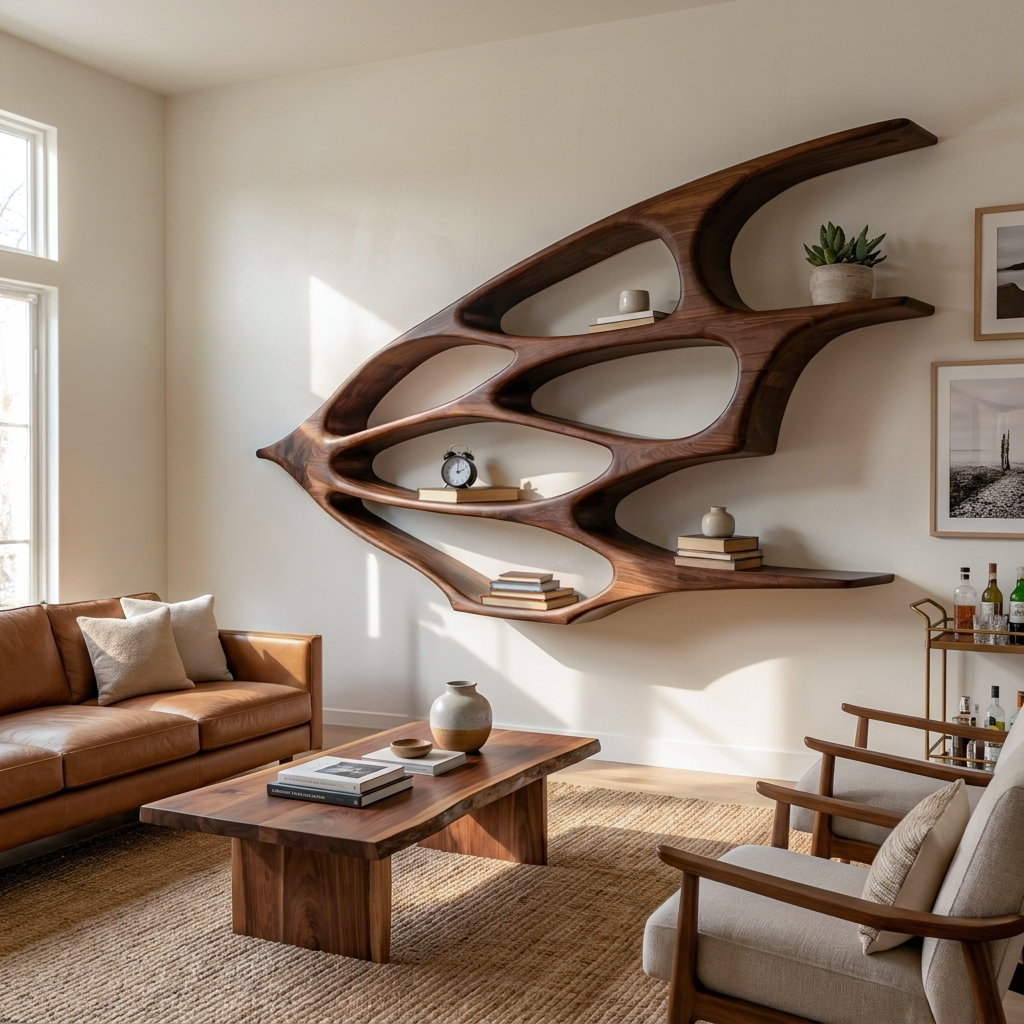 Organic Wooden Floating Bookshelf For Minimalist Home Decor