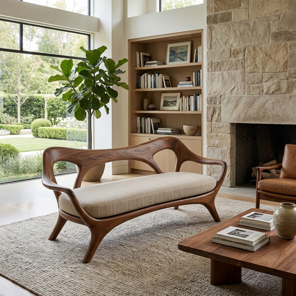 Statement Wooden Sofa With Curved Backrest For Living Decor
