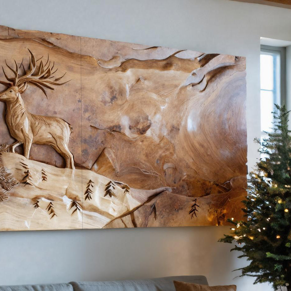 Rustic Wall Art With Carved Deer For Living Room