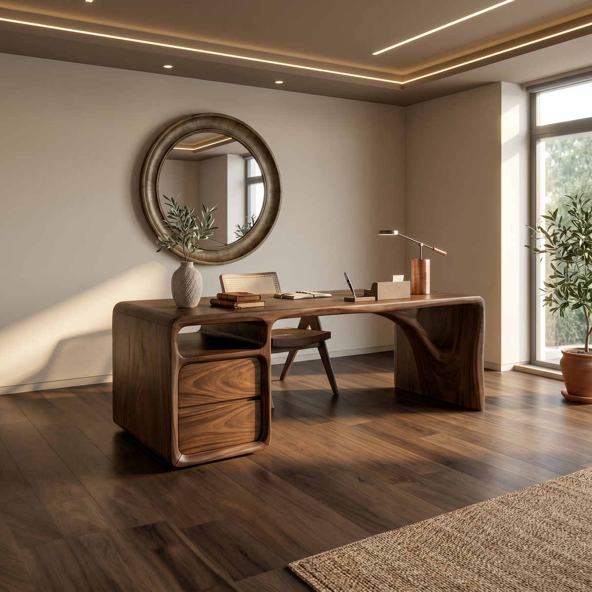 Modern Office Desk With Sculptural Base For Open Living Workspace