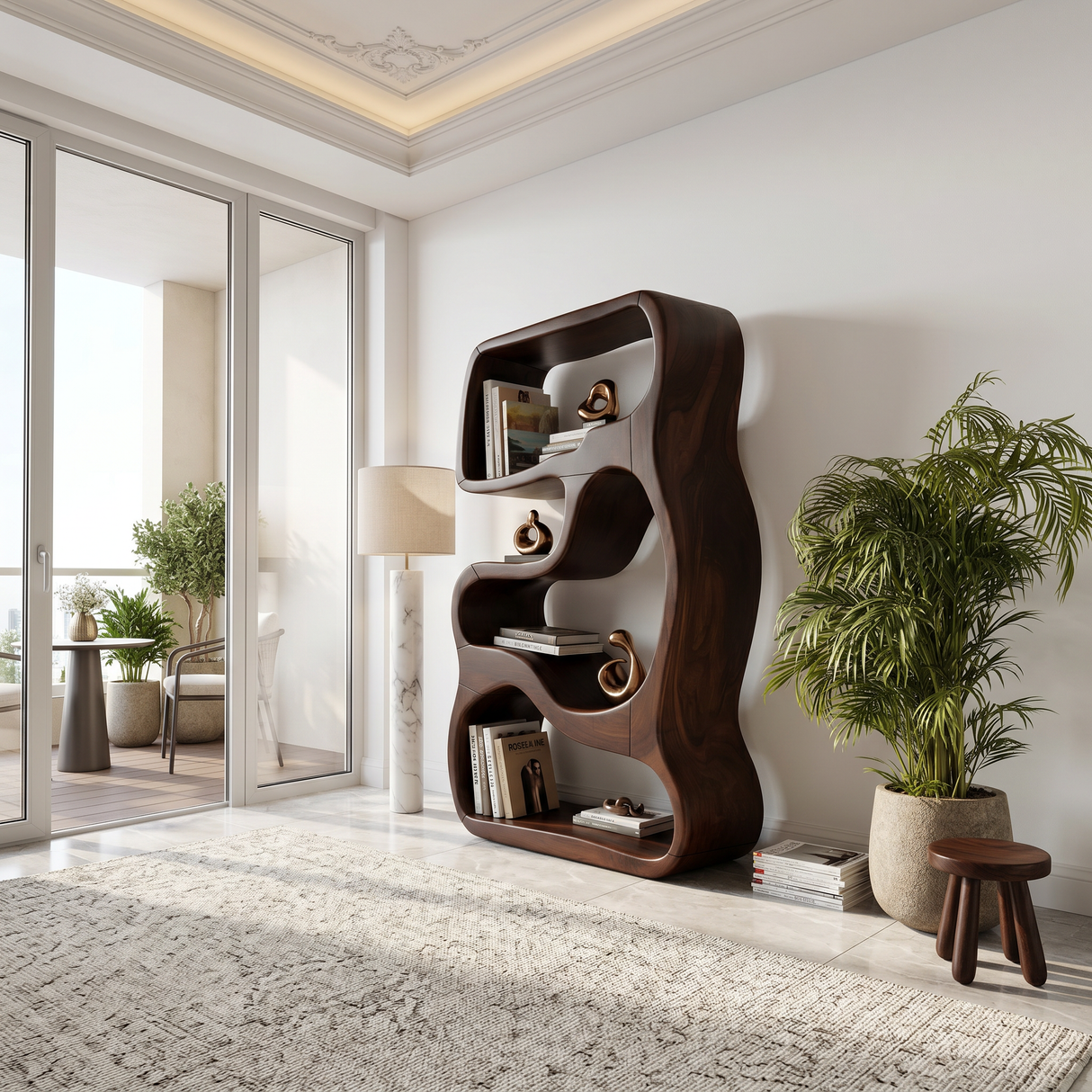 Minimalist Wooden Bookshelf Featuring Curved Side Panels