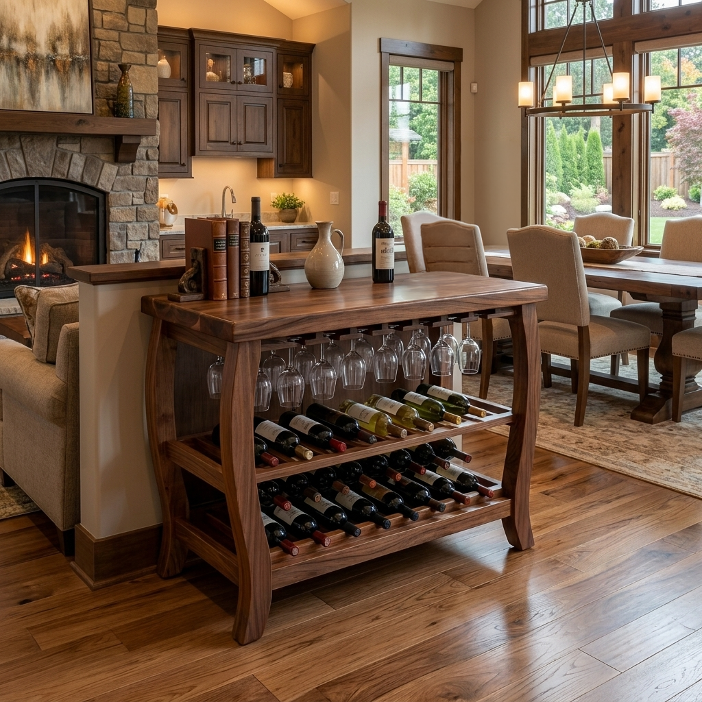 Sculptural Wooden Wine Cabinet With Glass Rack For Island Decor
