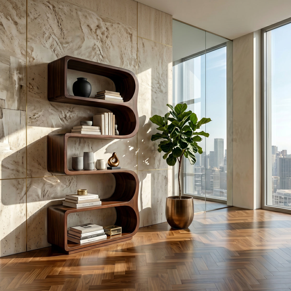 Minimalist Wooden Standing Shelf For Sunlit Living Room