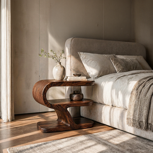 Wooden Nightstand With Sculptural Tier For Cozy Bedroom