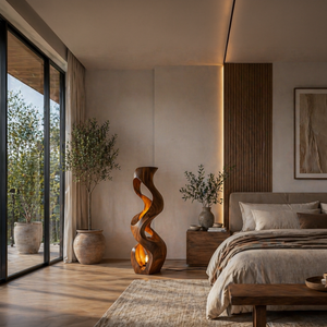 Artistic Wooden Floor Lamp With Flowing Form For Bedroom