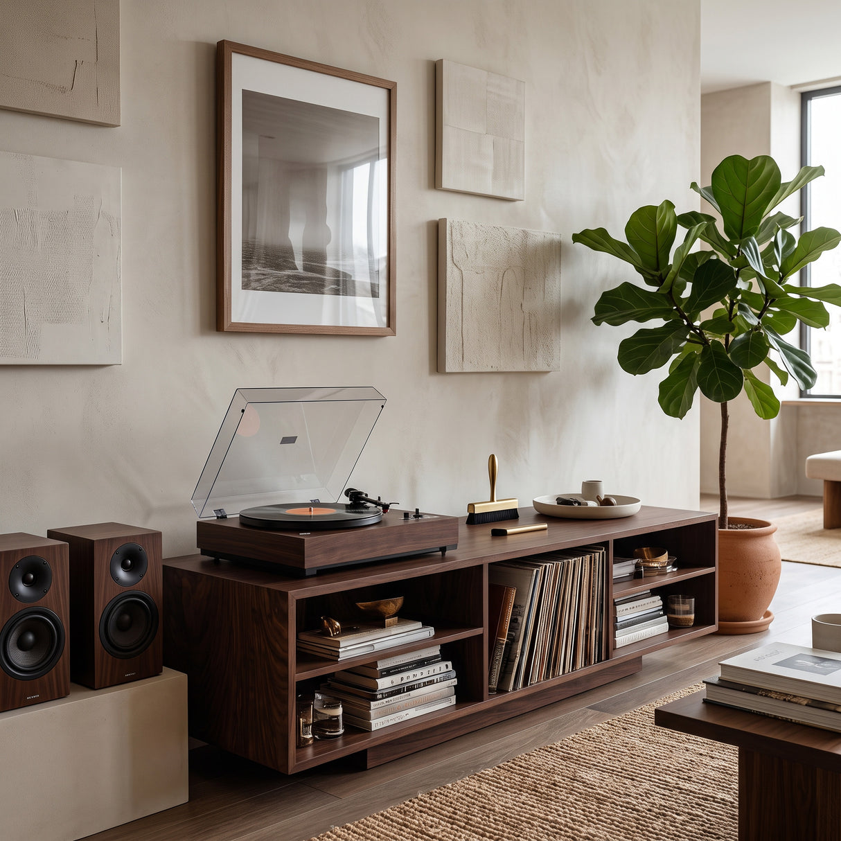 Contemporary Record Player Cabinet With Open Shelves For Living Room