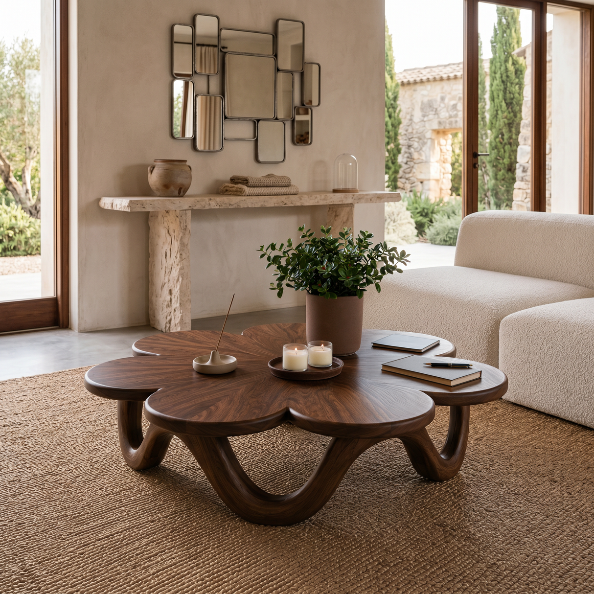 Floral Coffee Table With Sculptural Base For Modern Interior