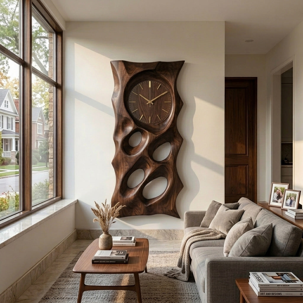 Organic Wooden Wall Clock With Hollow Form For Living Room