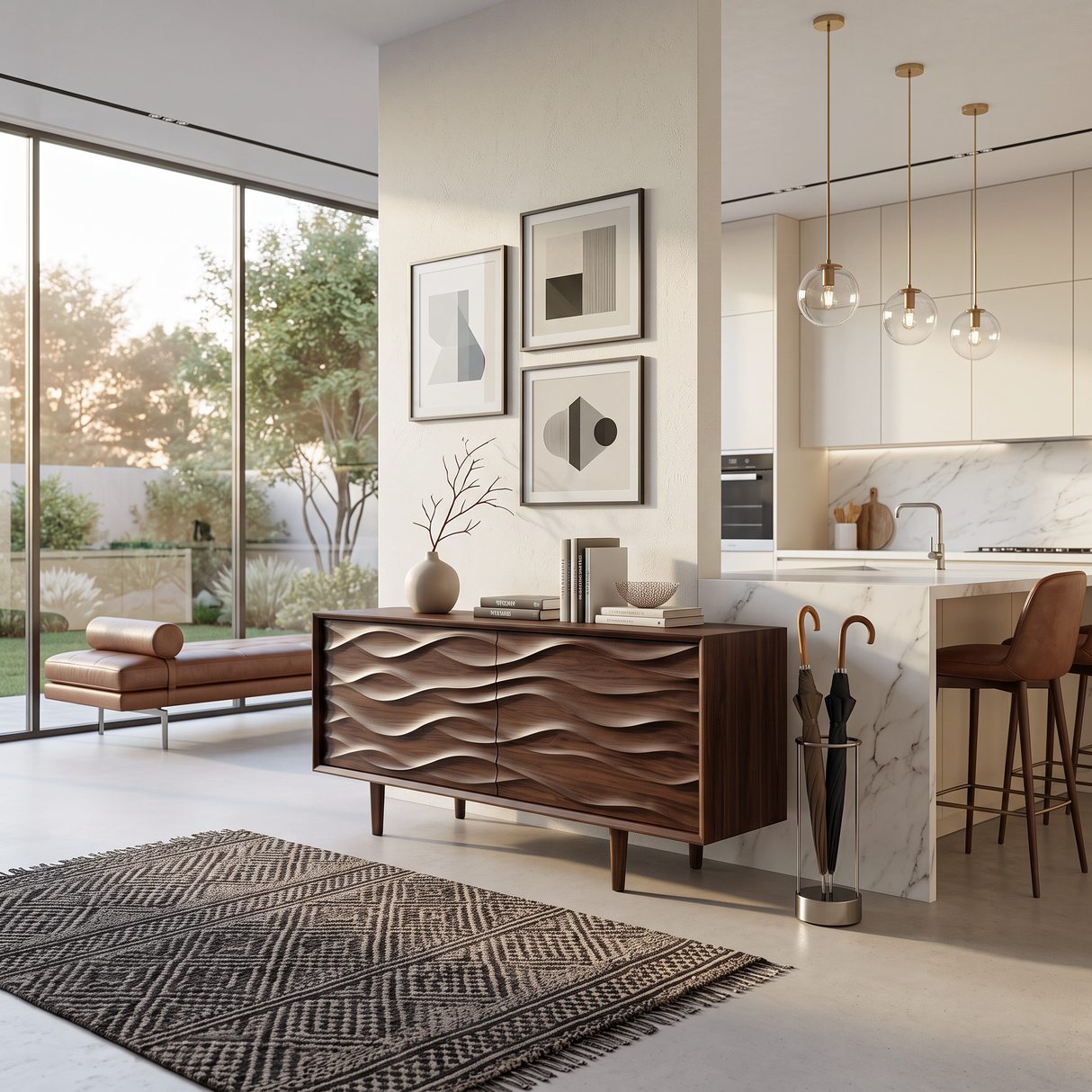 Contemporary Sideboard With Carved Wave Front Panels For Home