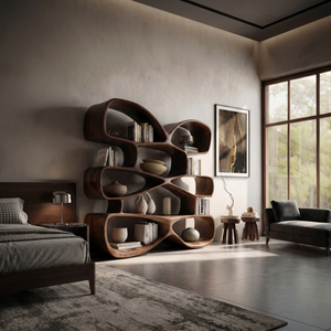 Contemporary Biomorphic Wooden Bookshelf In Fluid Design