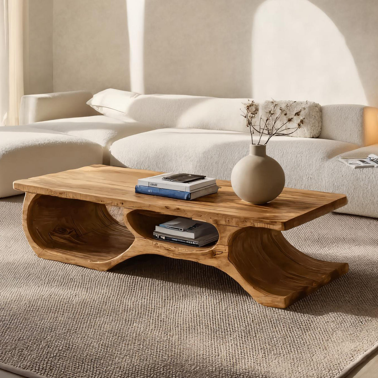 Organic Coffee Table Open Shelf Design For Living Room