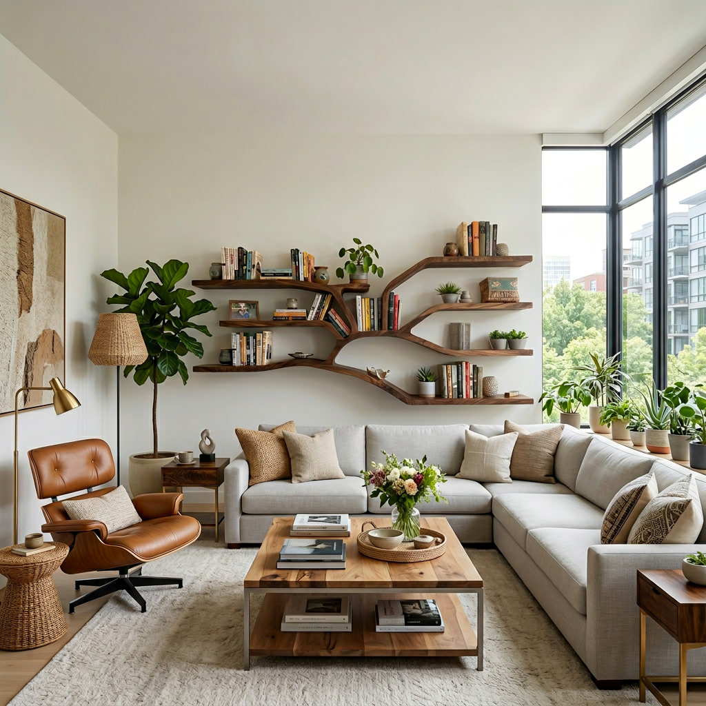 Handcrafted Sculptural Wooden Bookshelf For Living Room Decor