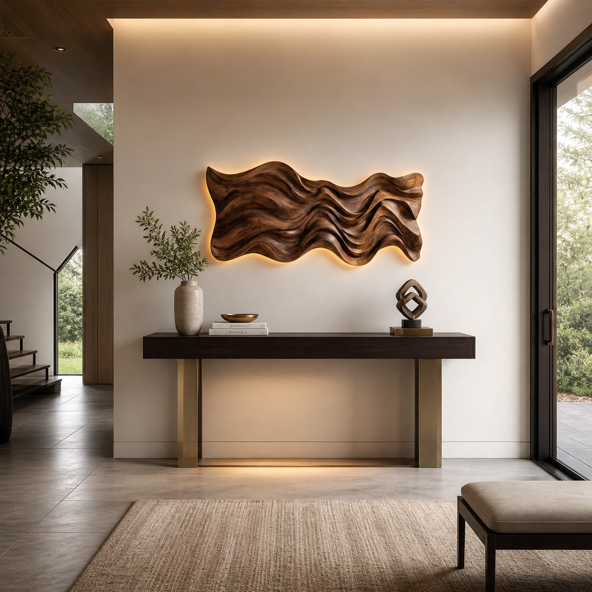 Modern Wood Wall Art With Wave Sculpture For Living Room