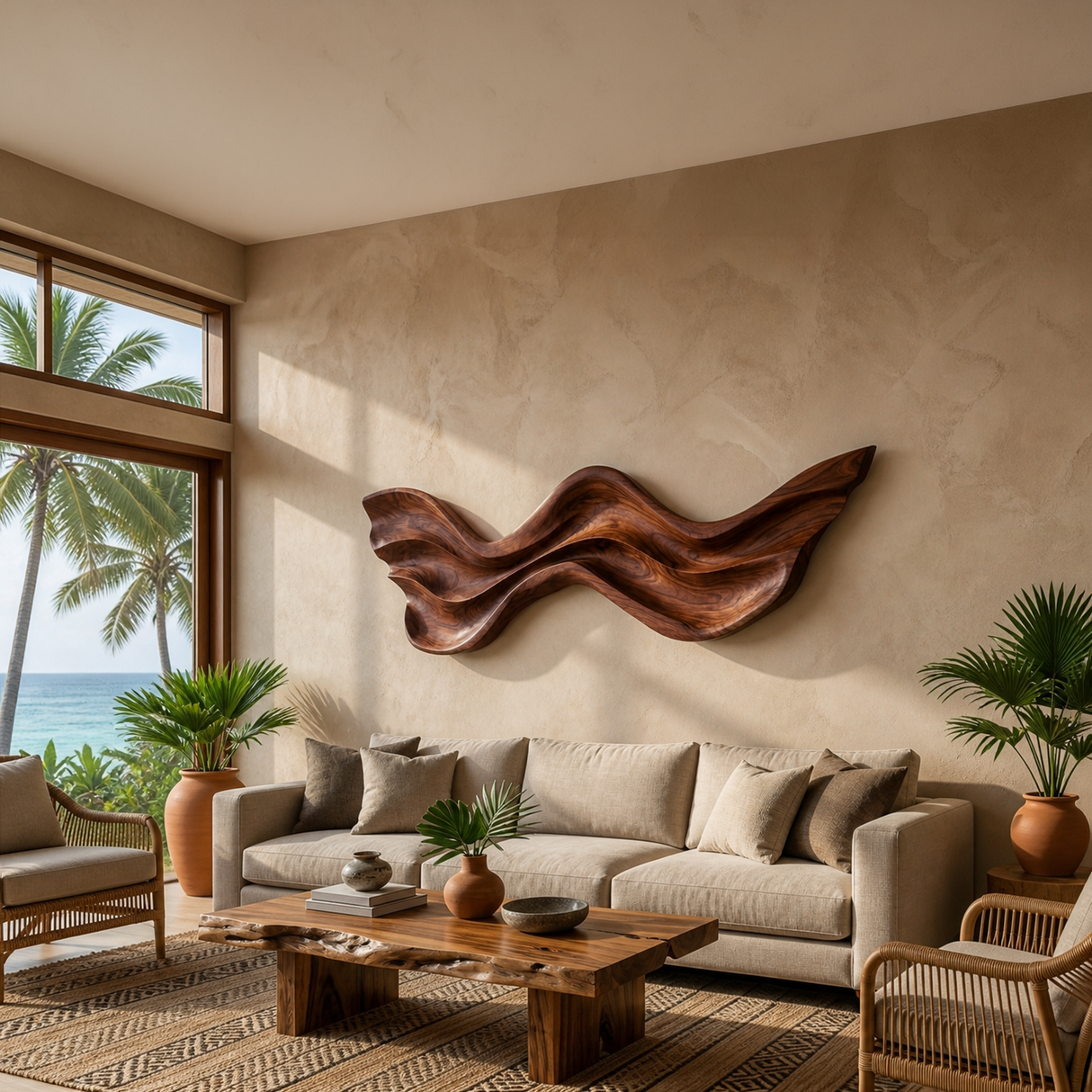 Mid Century Wooden Wall Art With Carved Wave For Living