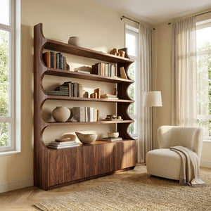 Organic Wooden Bookshelf With Curved Edges For Living Storage