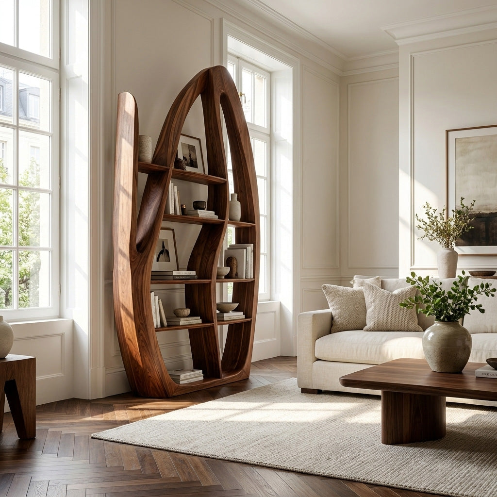 Organic Style Sculptural Wooden Bookshelf For Living Room